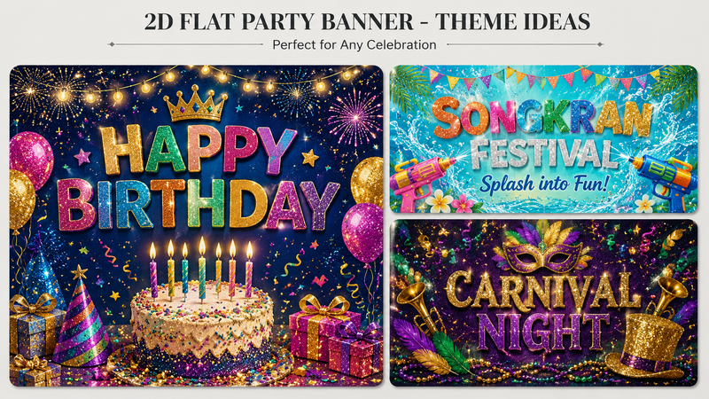 2D flat party banners with birthday, Songkran, and carnival night themes with glitter effect