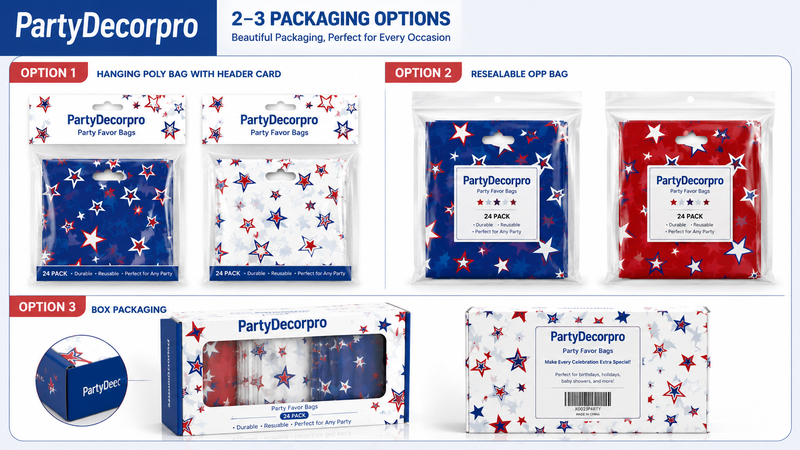 Red, white, and blue star-themed packaging options including hanging poly bags, resealable OPP bags, and box packaging.