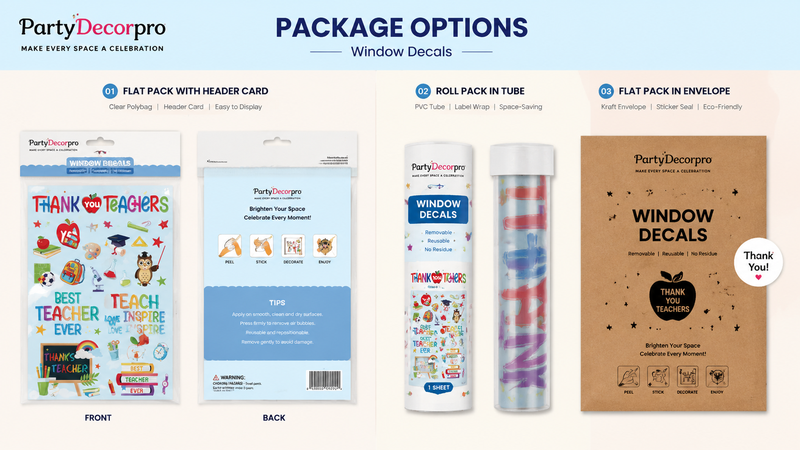 Window decal packaging examples showing flat pack, roll tube, and envelope options with customizable branding