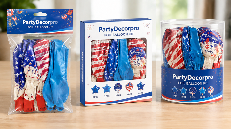 Custom foil balloon kit packaging solutions with clear bags, window boxes, and cylinder containers
