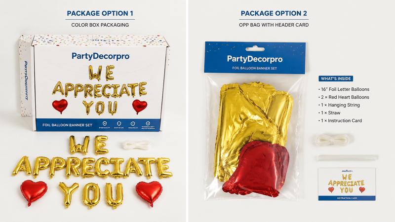 Custom foil balloon set packaging design with personalized box and bag solutions