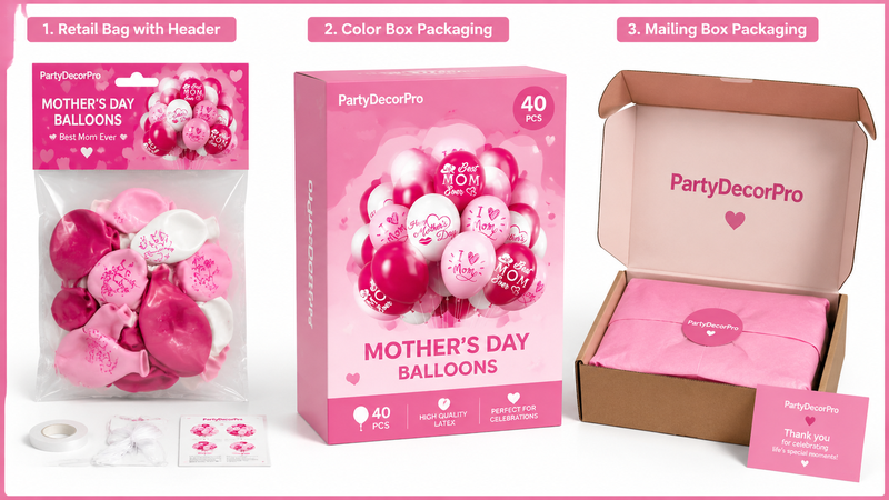 Custom Mother’s Day balloon packaging solutions with retail bags, gift boxes, and mailing box designs for wholesale party supplies
