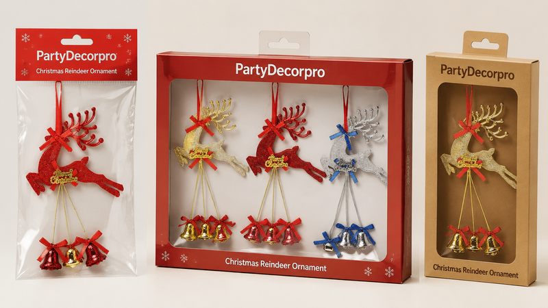 Custom packaging solutions for Christmas reindeer ornaments with clear bags, window boxes and kraft cartons
