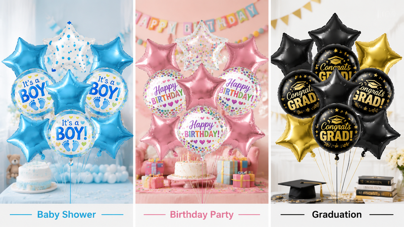 Custom foil balloon bouquet designs for baby shower, birthday and graduation party decorations
