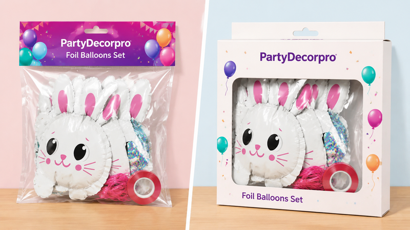 Custom foil bunny balloon packaging with clear bag and window box design for party decoration products