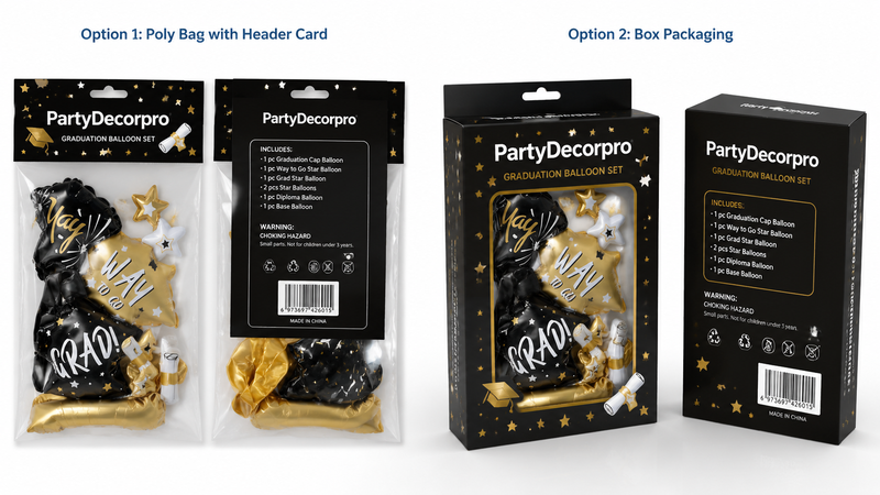 Custom graduation balloon set packaging with clear bag and premium gift box design