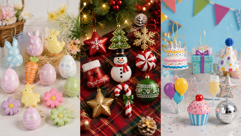 Custom holiday decorative eggs in Easter, Christmas and party themes with colorful designs