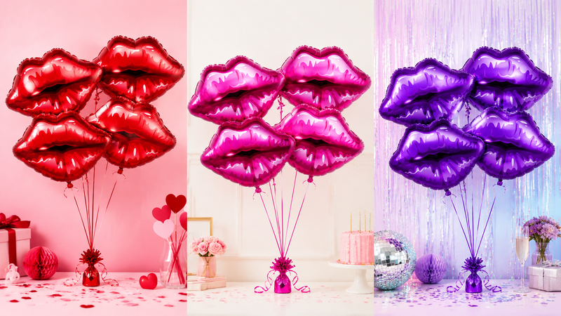 Custom glossy lip shaped foil balloons in red pink and purple color themes for party decorations
