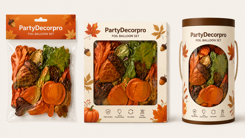 Custom foil balloon packaging solutions with clear bag, window box, and cylinder container designs