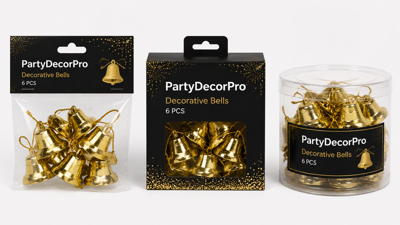 Custom packaging solutions for gold decorative bells with clear bags, window boxes, and transparent containers