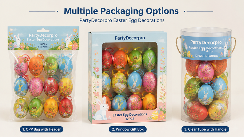 Custom Easter egg decoration packaging solutions with clear bags, window boxes and display tubes for wholesale products