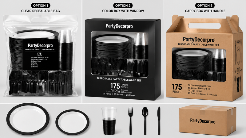 Custom packaging solutions for wholesale disposable party tableware sets with resealable bags, window boxes, and carry cartons