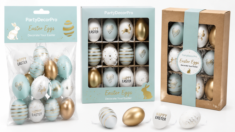 Custom packaging solutions for pastel Easter hanging egg decorations with clear bags, gift boxes and kraft cartons