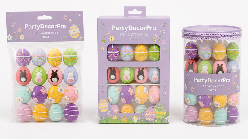 Custom packaging solutions for felt Easter eggs with clear bags, window boxes, and transparent container designs
