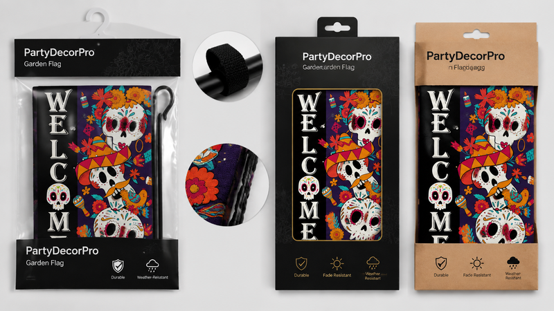 Custom packaging solutions for Day of the Dead garden flag with clear bag, retail box, and kraft sleeve designs