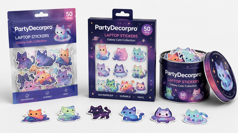 Custom packaging solutions for galaxy cat laptop stickers with pouches, window boxes, and metal storage tins