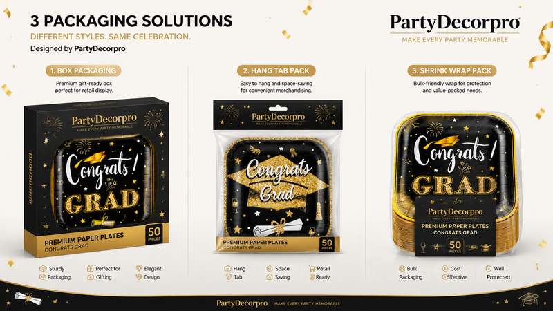 Custom packaging solutions for graduation party paper plates with box, hang tab, and protective wrap designs