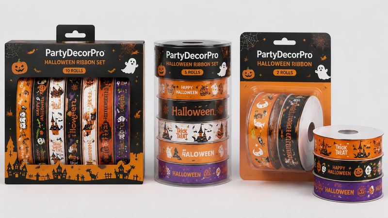 Custom packaging solutions for Halloween ribbons with retail boxes, transparent containers, and blister packaging designs