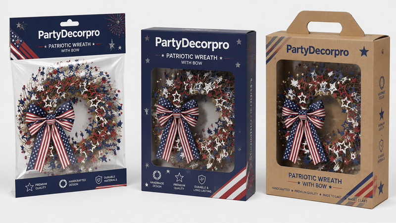 Custom packaging solutions for patriotic wreath decorations with clear bags, window boxes, and handled gift boxes