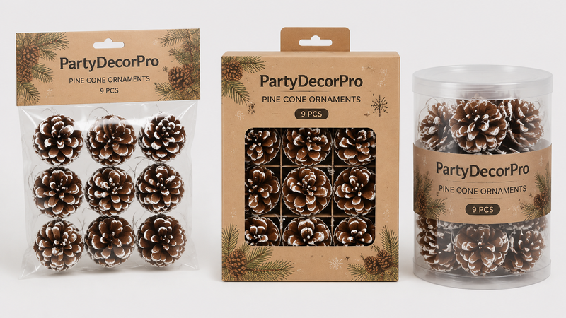 Custom packaging solutions for pine cone ornaments with clear bags, window boxes, and transparent containers
