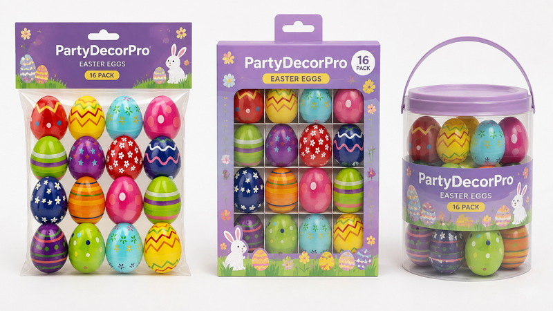 Custom packaging solutions for colorful plastic Easter eggs with clear bags, window boxes, and handled containers