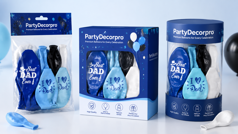 Custom balloon packaging solutions with clear bags, window boxes, and cylindrical containers for wholesale party supplies