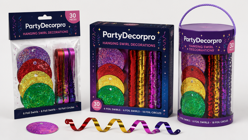Custom packaging solutions for glitter spiral hanging decorations with clear bags, window boxes, and transparent containers