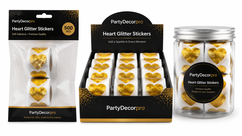 Custom packaging solutions for gold heart glitter stickers with retail pouch, display box, and jar options
