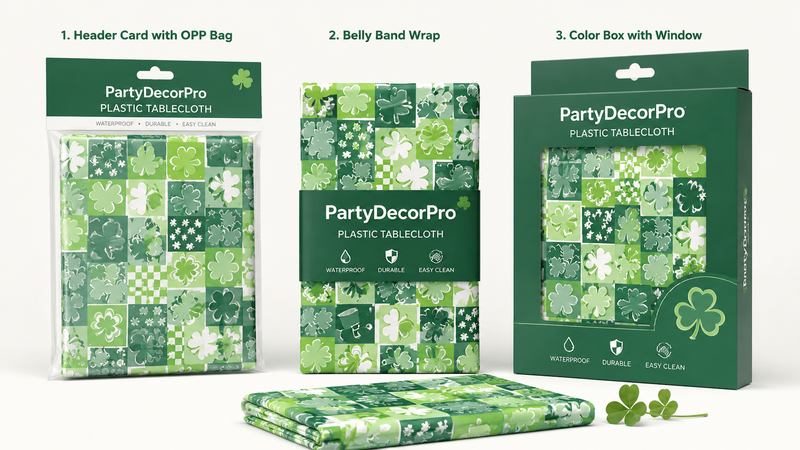Custom printed plastic tablecloth packaging solutions with OPP bag, belly band wrap and window box options