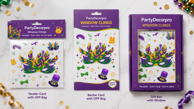 Custom window cling packaging solutions with OPP bags backer cards and window gift boxes for seasonal party decorations