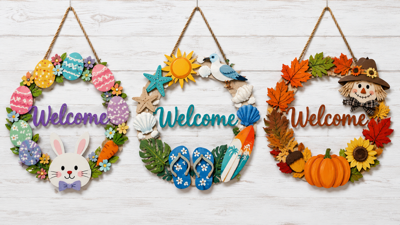 Custom wooden welcome wreath designs for seasonal holiday and party decorations