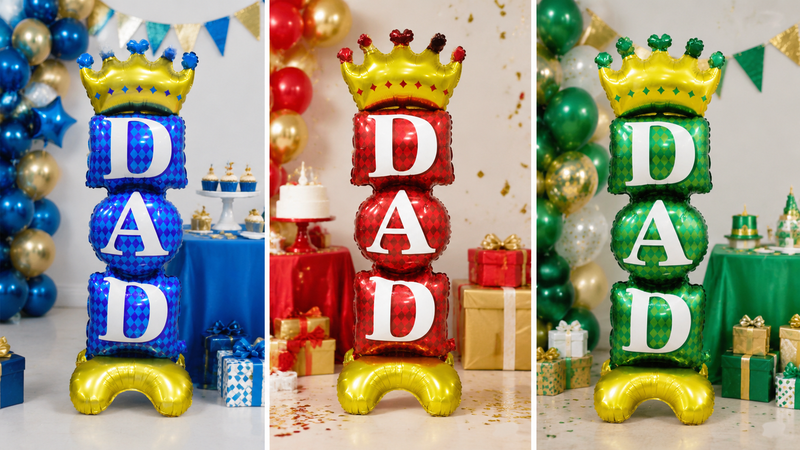Custom DAD foil standing balloon columns in multiple color themes for party decorations