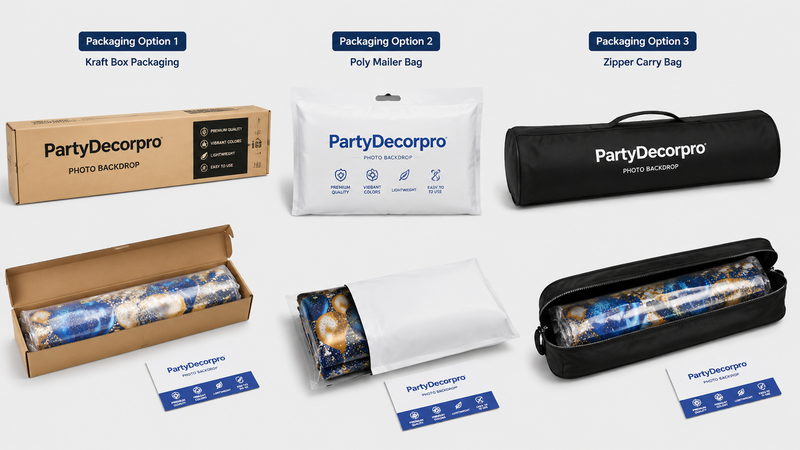 Customizable DIY party banner packaging display for retail and wholesale, showing multiple design options and colorful themes.