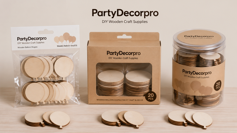 Wooden craft discs packaging concepts in OPP bags kraft boxes and transparent jars for DIY craft wholesale supply