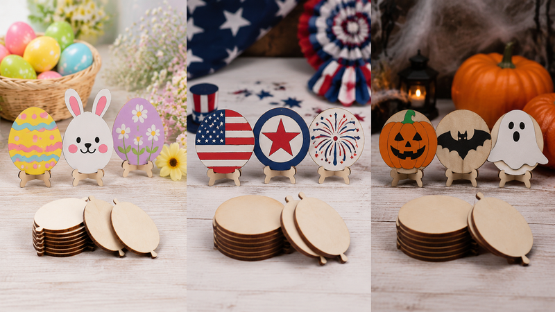 Seasonal DIY wooden craft discs arranged for Easter, Independence Day and Halloween themed party decorations