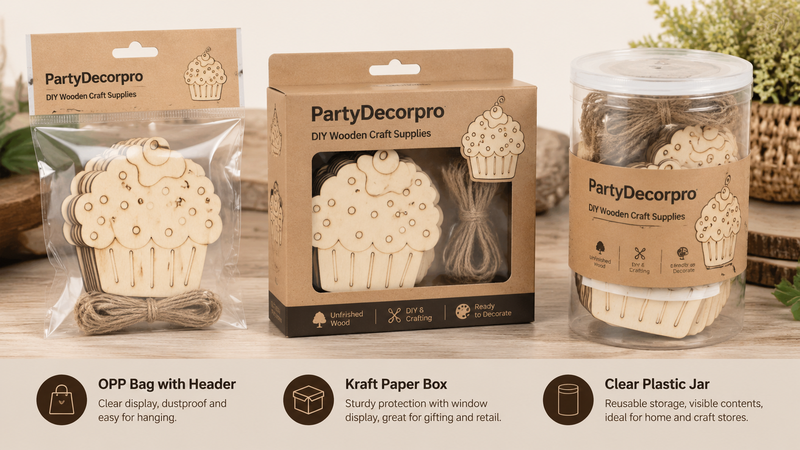 Wooden cupcake craft kits packaging options OPP bag kraft box and clear jar display for DIY craft supplies