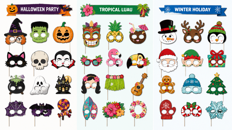 Colorful Day of the Dead skull mask props set featuring floral decorative designs for party photography and event decoration