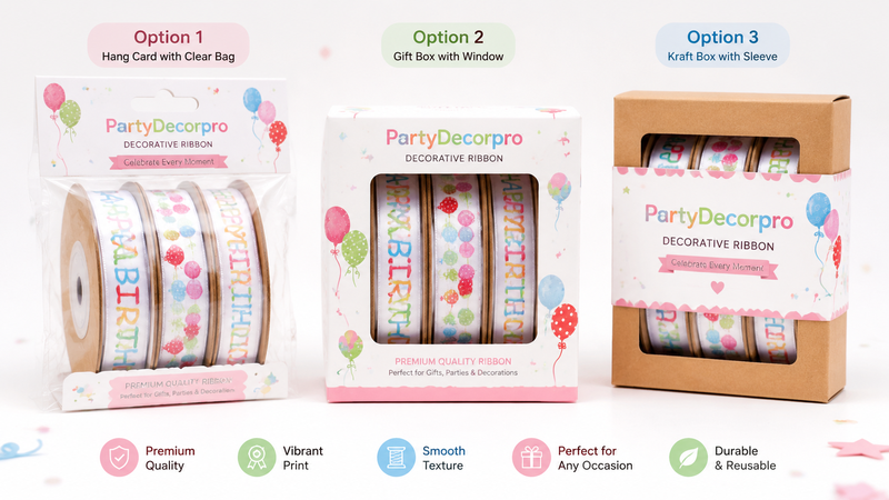 Three packaging options for decorative ribbon including hang card bag, window box and kraft box for wholesale retail use