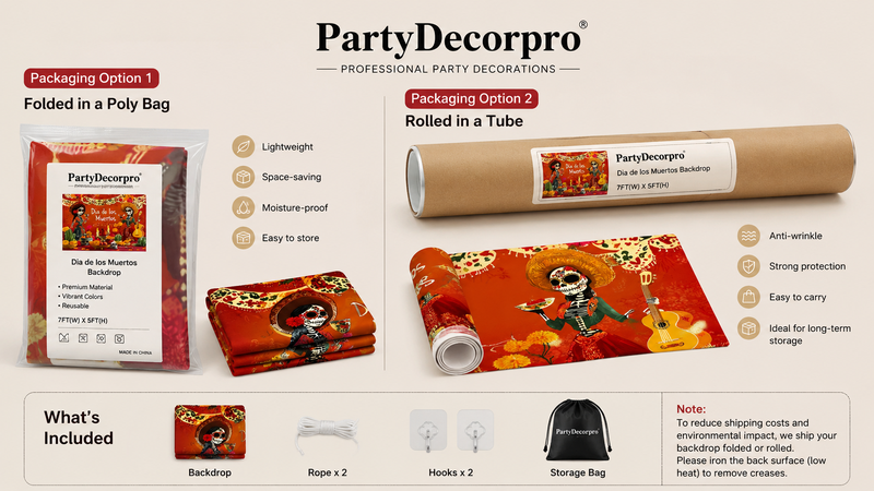 Dia de los Muertos backdrop packaging options showing folded poly bag and rolled tube with accessories.