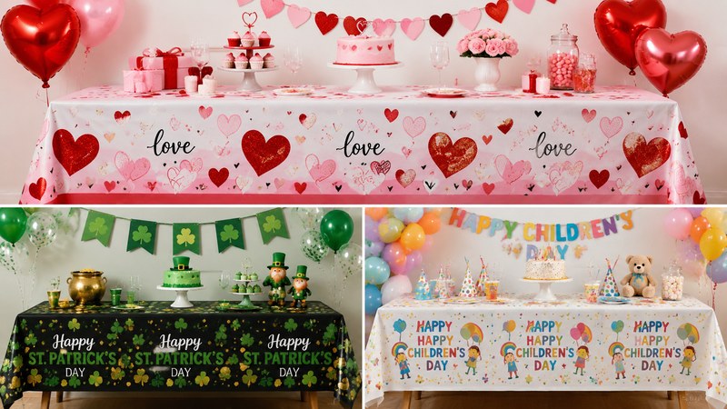 Colorful Día de los Muertos themed disposable tablecloth set displayed in festive candlelight party decoration scene
