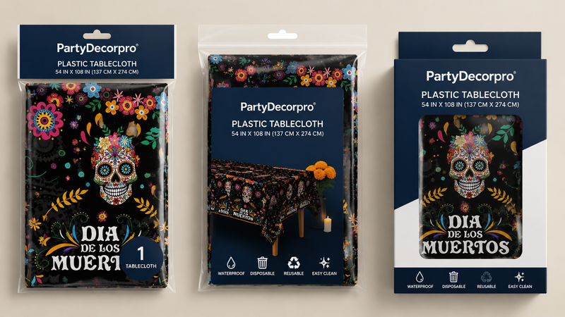 Día de los Muertos plastic tablecloth packaging display showing multiple retail-ready packaging options for wholesale use