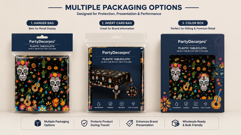 Black Día de los Muertos tablecloth packaging display showing multiple retail-ready packaging formats for wholesale use
