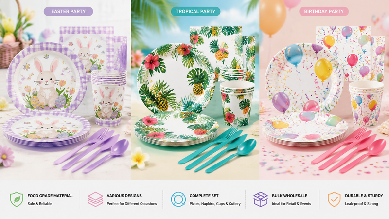 Custom themed disposable party tableware set with plates cups napkins and cutlery