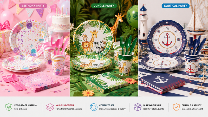 Custom disposable tableware set with themed plates cups napkins and cutlery for party events