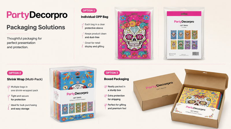 Custom gift bag packaging options including clear protective bags, shrink-wrapped multi-packs, and boxed sets.