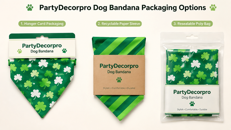 Custom dog bandana packaging options including hanger card kraft sleeve and resealable poly bag for wholesale branding