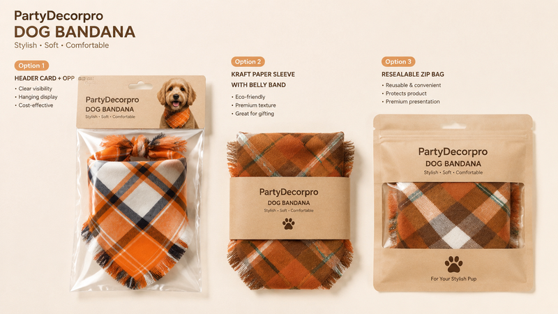 Three packaging options for dog bandana including OPP hang card, kraft sleeve and resealable zip bag with customizable branding solutions