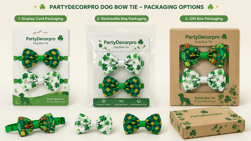 Dog bow tie packaging options including display card bag, resealable zipper bag, and gift box packaging for wholesale customization