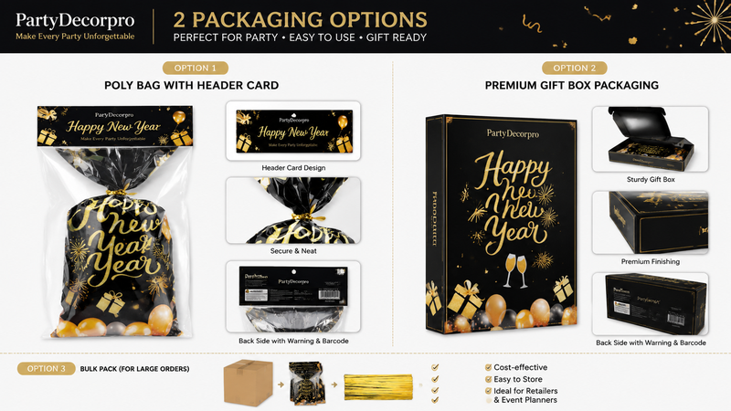 Black and gold festive party product packaging options showing poly bag and gift box design concepts for e-commerce use