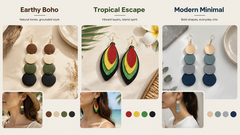 Three themed earring design concepts including boho wooden discs, tropical layered colors, and modern minimal circle styles product mockup collage